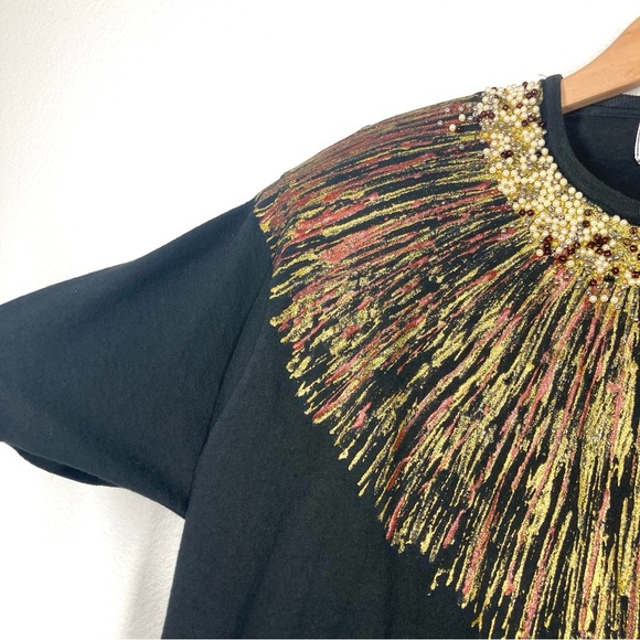 Vintage Loulou 80s Beaded Hand Painted Top Black Gold Crew Neck Short Sleeves - Picture 9 of 14